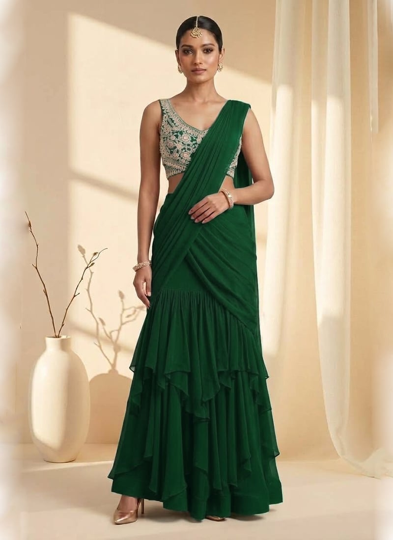 Green Ruffle Lehenga Saree With Bead Embroidered Saree After Six Wear