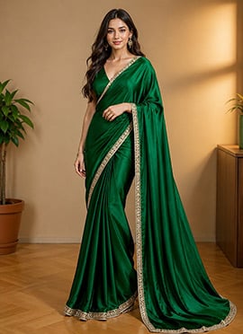 Green Satin Embroidered Saree