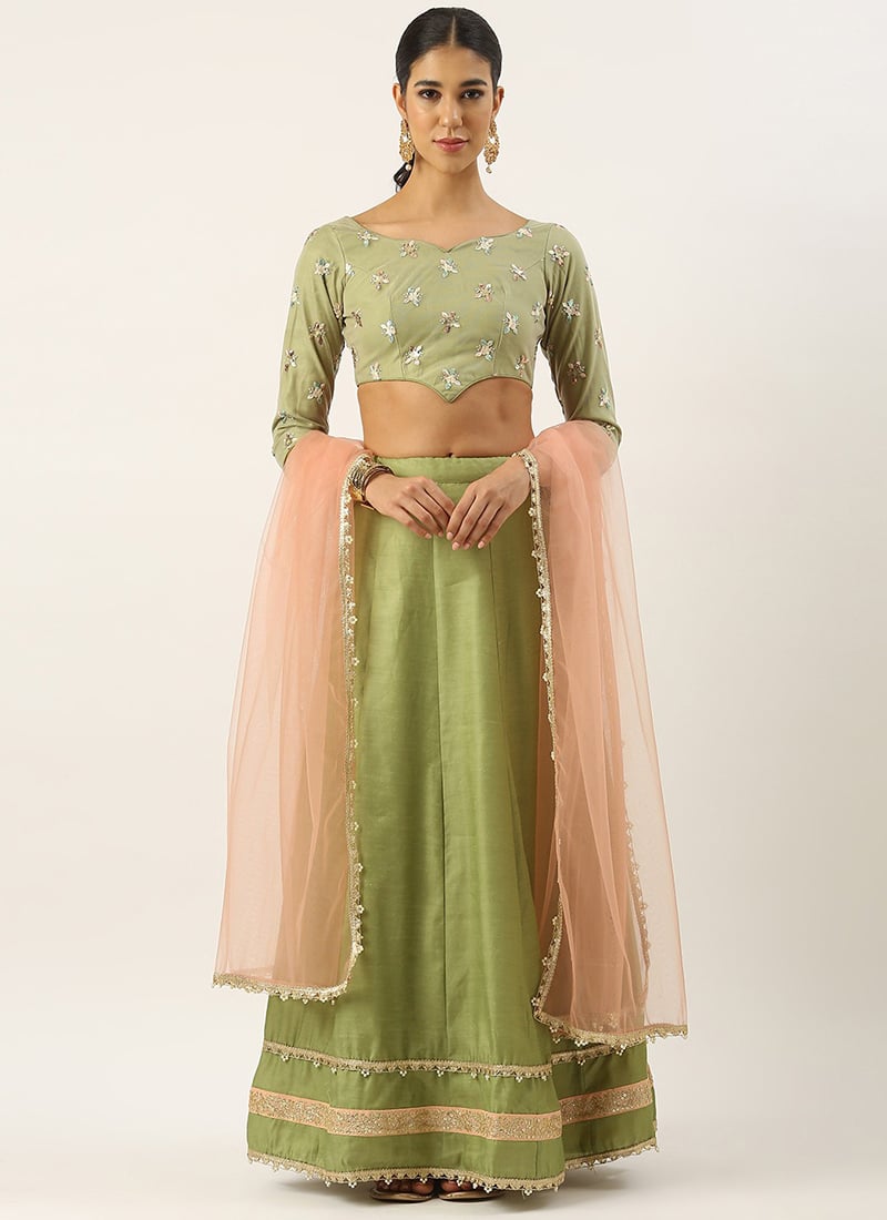 Green Satin N White Net Embroidered Lehenga Set