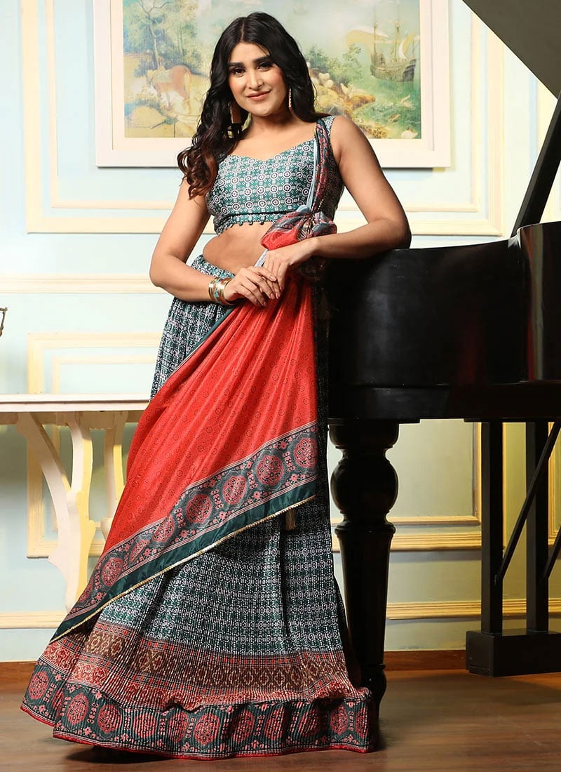 Green Satin Silk Digital Print A Line Lehenga Party Wear