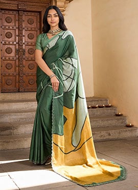 Green Satin Silk Digital Print And Stones Saree