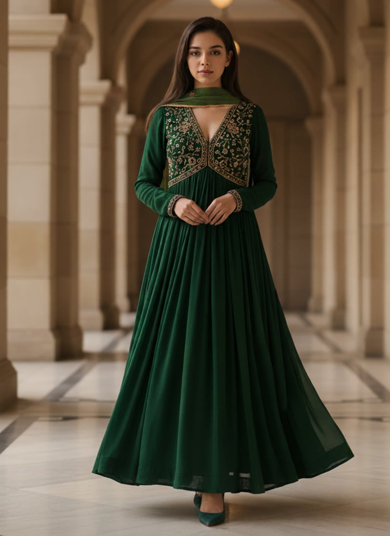 Green Satin Zari Zardosi Hand Embroidered Sequins Anarkali Suit Festive Wear