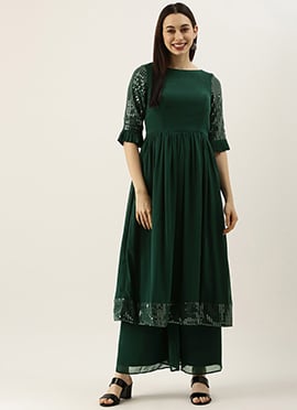 Teen Girls Green Sequin Embroidered Kurti