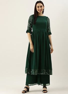 Teen Girls Green Sequin Embroidered N Green Georgette Kurta Set