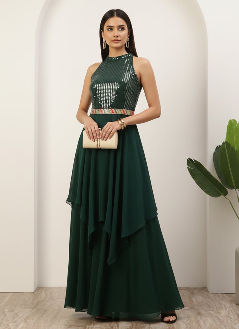Green Sequins Handkerchief Gown