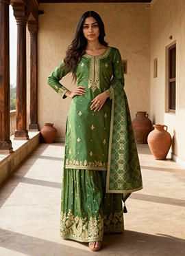 Green Shimmer Silk Zari And Embroidered Sequins Palazzo Suit Festive Wear