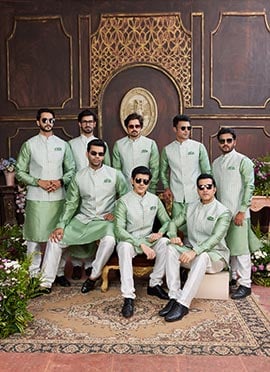 Green Silk Digital Print Bandi Set Festive Wear