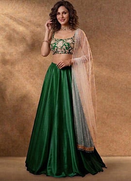 Green Silk Lehenga Set With Hand Embroidered Sequins And Mirror Work