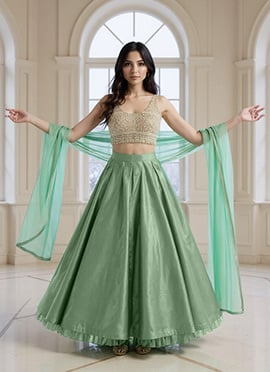 Green Silk Mirror Hand Embroidered Lehenga