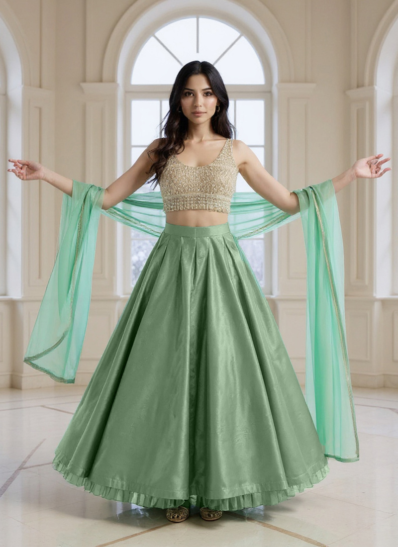 Green Silk Mirror Hand Embroidered Lehenga Wedding Wear