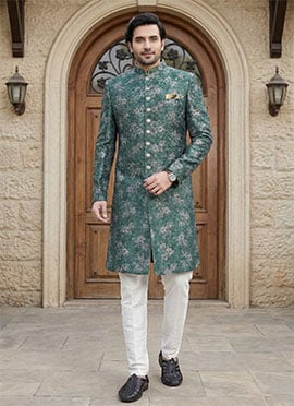 Green Silk Printed Classic Sherwani