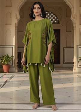 Green Silk Resham Sequins Embroidered Indowestern Set
