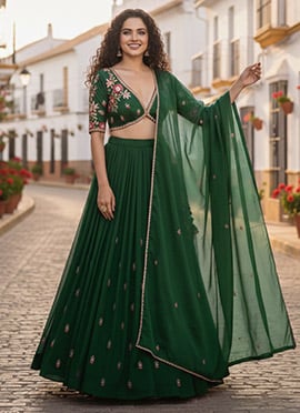 Green Silk Resham Work Lehenga