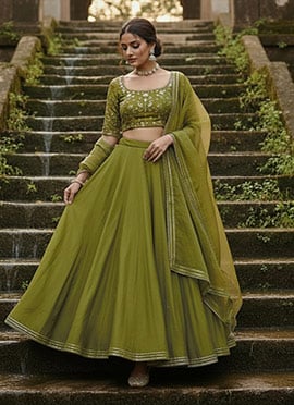 Green Silk Sequins Beads Hand Embroidered Umbrella Lehenga