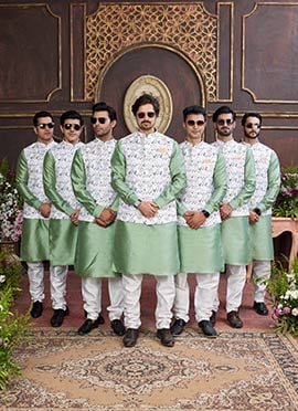 Green Silk Sequins Digital Print Bandi Set Festive Wear