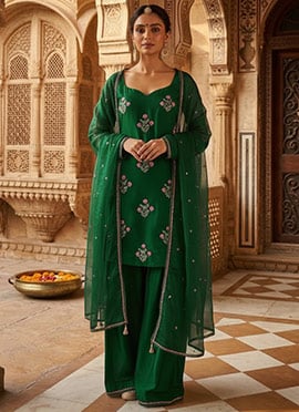 Green Silk Sequins Farshi Suit