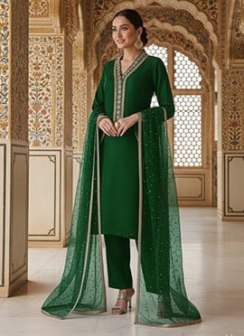 Green Silk Zari Hand Embroidered Sequins Straight Pant Suit