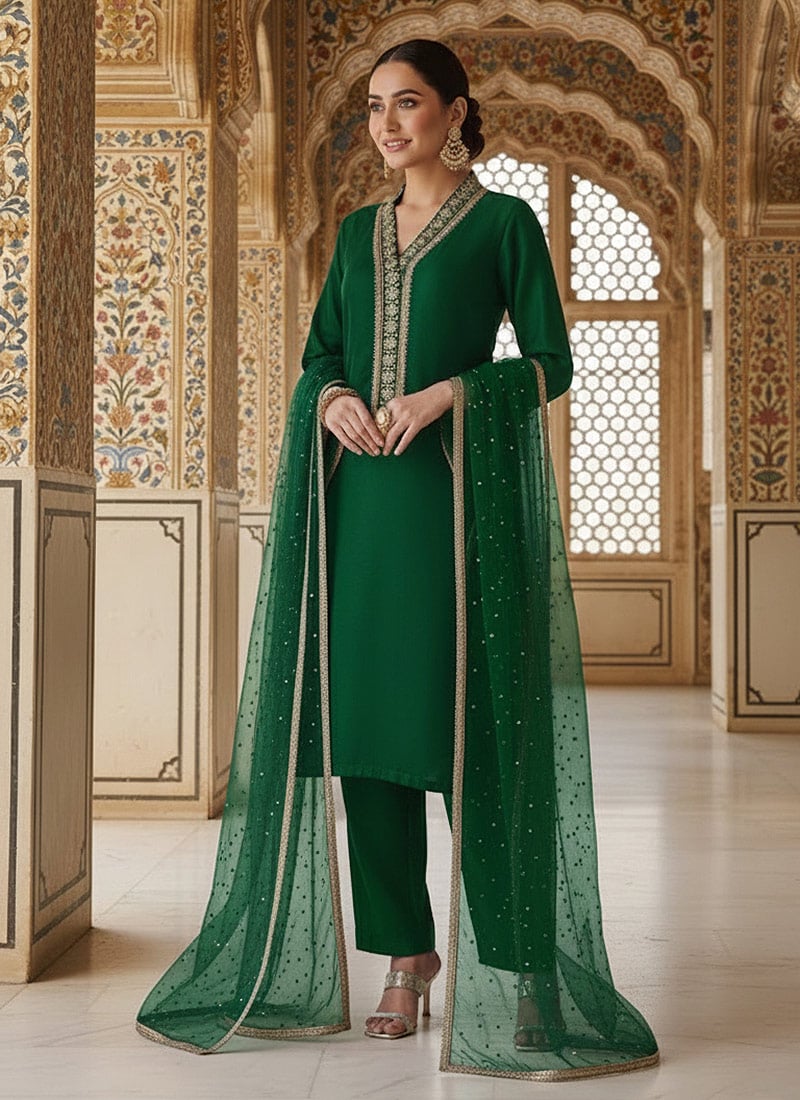 Green Silk Zari Hand Embroidered Sequins Straight Pant Suit Festive Wear