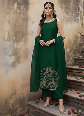 Green Silk Zari Sequin Embroidered Straight Pant Suit
