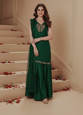 Green Silk Zari Sequin Hand Embroidered Palazzo Suit