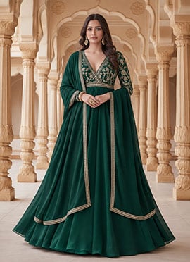 Green Silk Zari Sequins Anarkali Suit