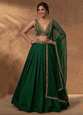 Green Silk Zari Sequins Embroidered Lehenga
