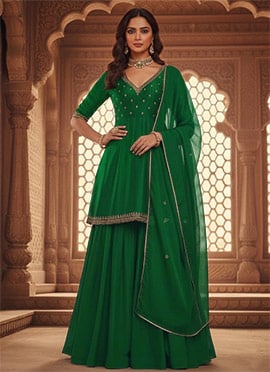 Green Silk Zari Sequins Sharara Suit