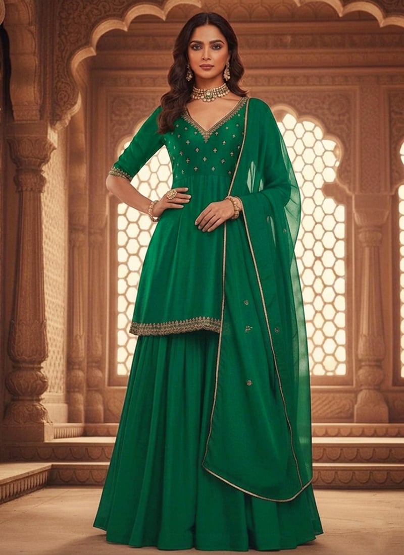 Green Silk Zari Sequins Sharara Suit Festive Wear