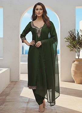 Green Silk Zari Sequins Straight Pant Suit