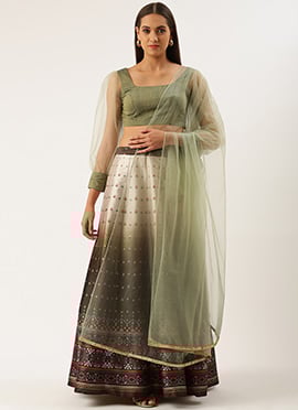 Green Taffeta Digital Print  Kali Lehenga