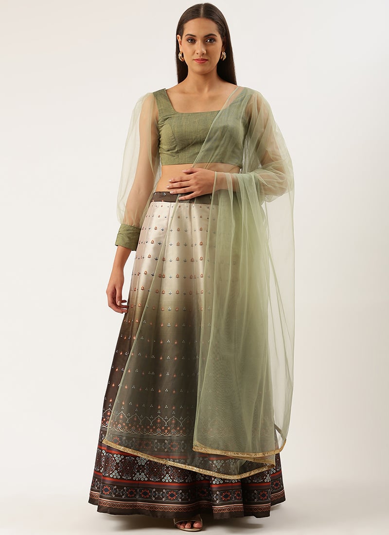 Green Taffeta Digital Print Kali Lehenga Festive Wear