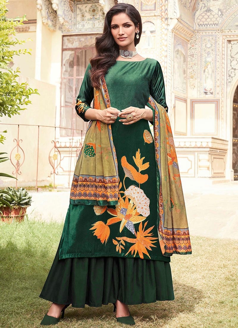 Green Velvet Digital Print Palazzo Suit