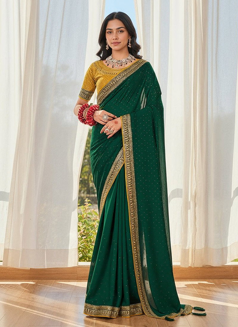 Green Vichitra Silk Embroidered Sequins Saree