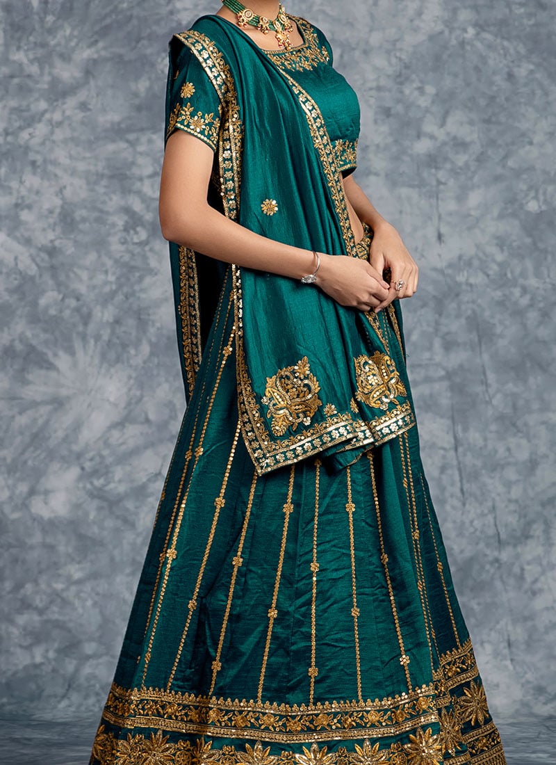 Meenakshi Teal Green Vichitra Silk Embroidered Peacock Designed Gown main image 0