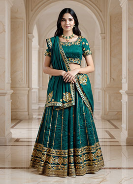 Green Vichitra Silk Zari Embroidered Sequins Lehenga
