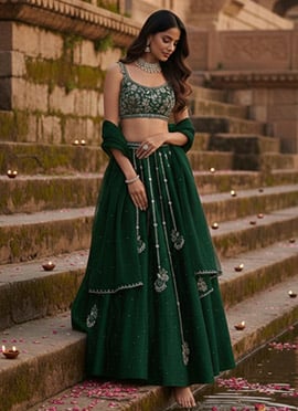 Green Vichitra Silk Zari Hand Embroidered Sequins Lehenga