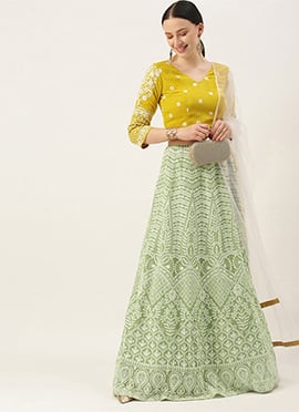 Green Viscose N Yellow Georgette Kali Lehenga