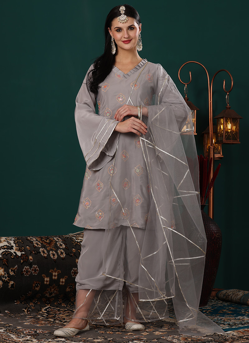 Grey Art Silk Embroidered A Line Suit Festive Wear
