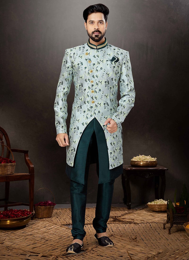 Grey Art Silk Jacquard Indowestern Sherwani Party Wear