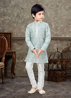 Grey Art Silk Kids Boys Kurta Pyjama