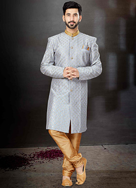 Grey Art Silk Sequins Indowestern Sherwani