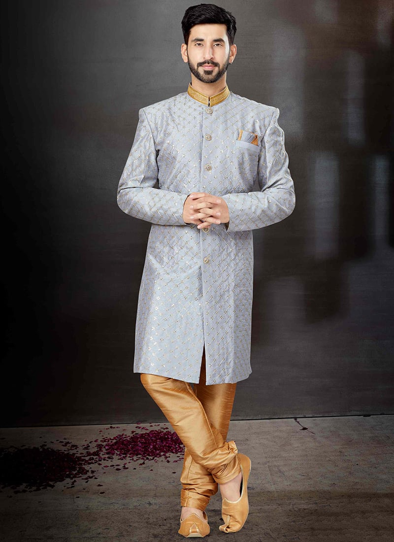Grey Art Silk Sequins Indowestern Sherwani Party Wear