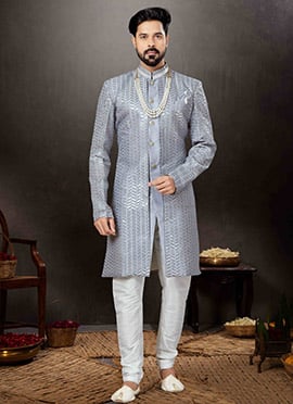 Grey Art Silk Sequins Indowestern Sherwani