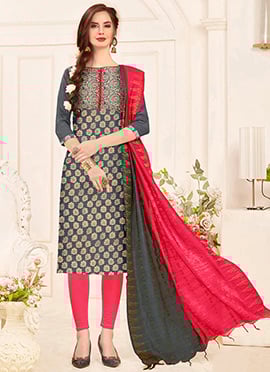 Grey Art Silk Straight Pant Suit