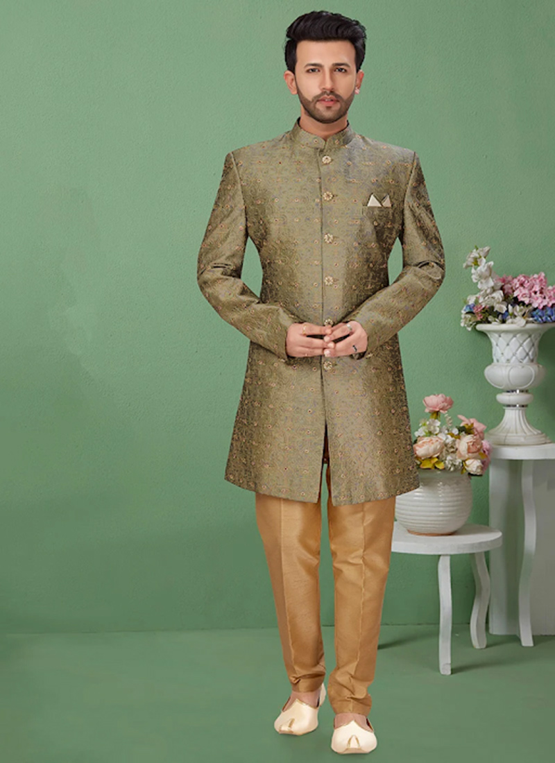 Cedar Brown Art Silk Wedding Classic Sherwani Wedding Wear