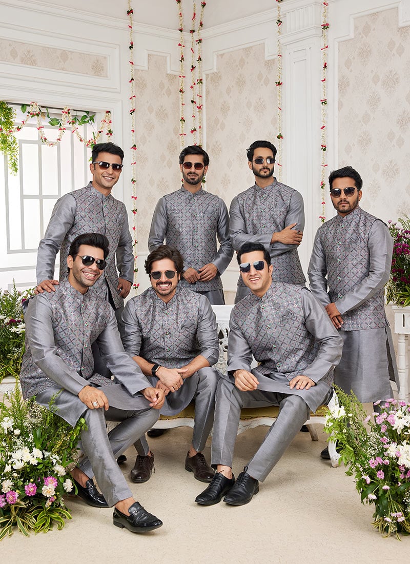 Grey Banarasi Silk Embroidered Bandi Set Wedding Wear