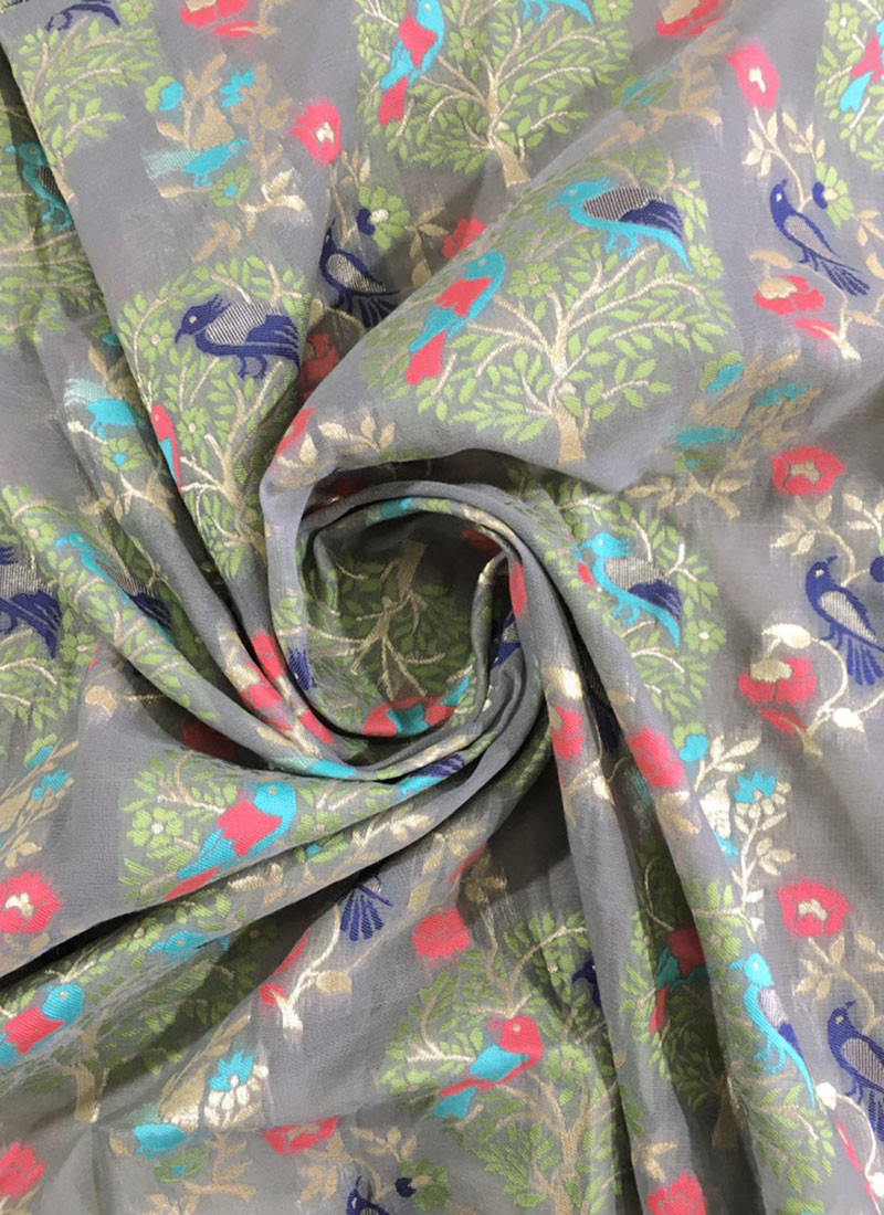 Buy Grey Chanderi Cotton Fabric, Jacquard , Chanderi, blended patterned