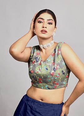 Grey Chanderi Cotton V Neck Blouse