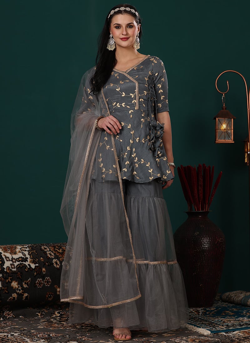 Grey Chiffon Embroidered N Grey Net Gharara Set Festive Wear