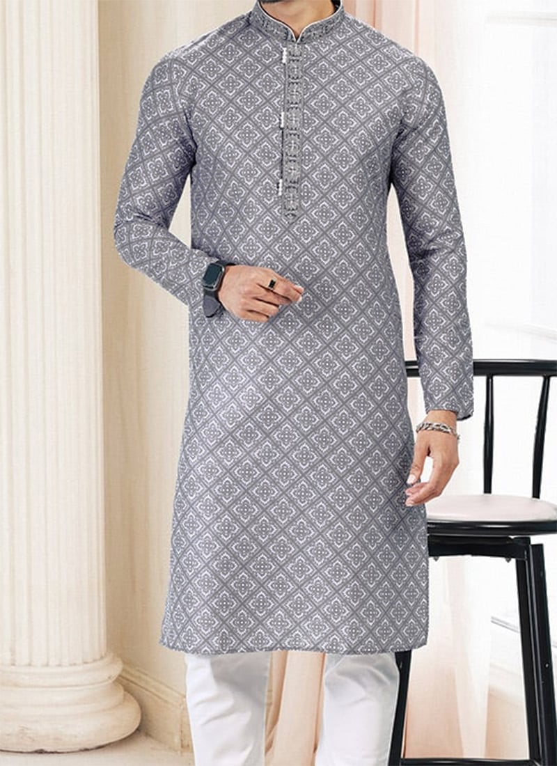 Grey Semi Cotton Digital Print Kurta Pajama for Men